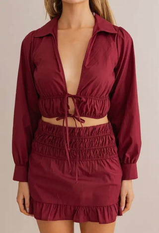 Britt burgundy tie front top