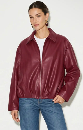 Crimson vegan leather bomber jacket