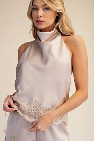 Chanel cowl neck lace bottom blouse