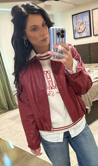 Crimson vegan leather bomber jacket