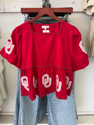 Sequin OU peplum top with pearl detail