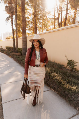 Brianna sweater fishnet dress with fringe